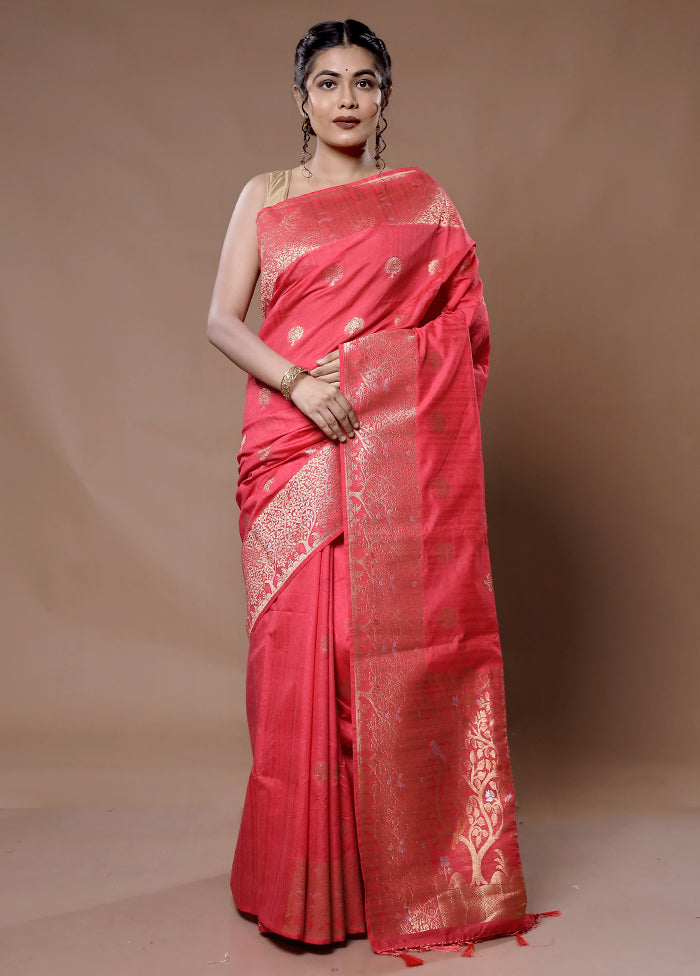 Red Dupion Silk Saree With Blouse Piece - Indian Silk House Agencies