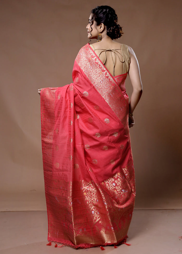 Red Dupion Silk Saree With Blouse Piece - Indian Silk House Agencies