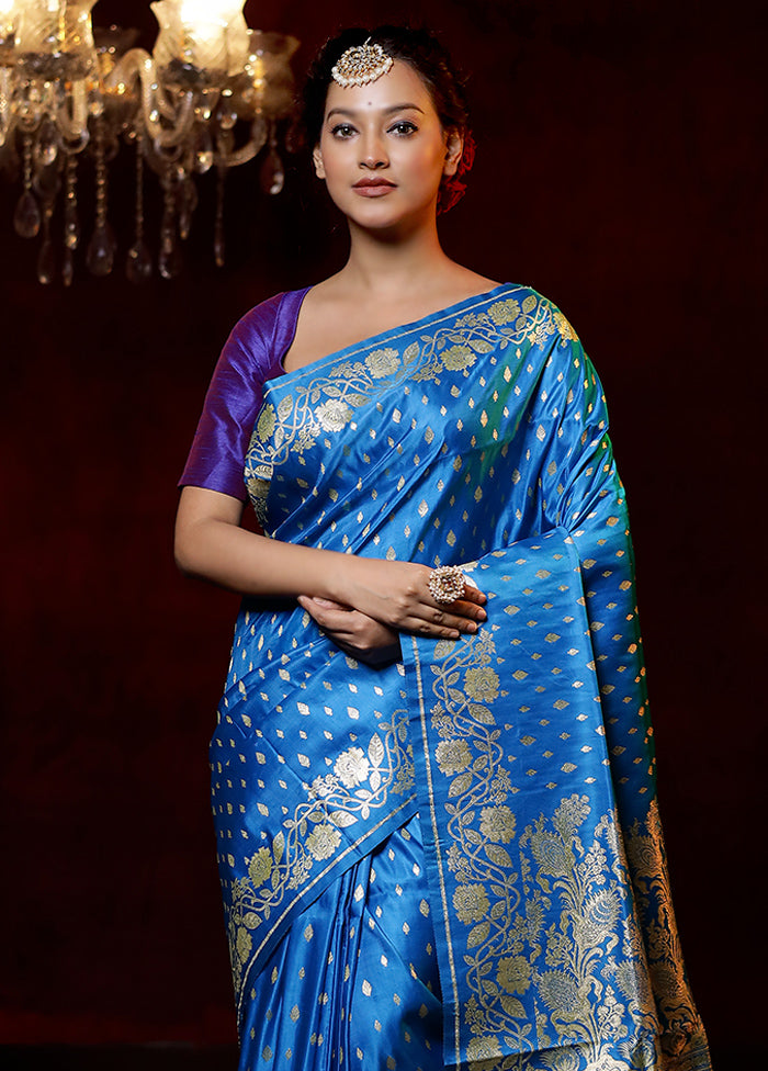 Blue Handloom Banarasi Pure Silk Saree With Blouse Piece