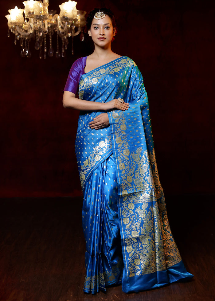 Blue Handloom Banarasi Pure Silk Saree With Blouse Piece