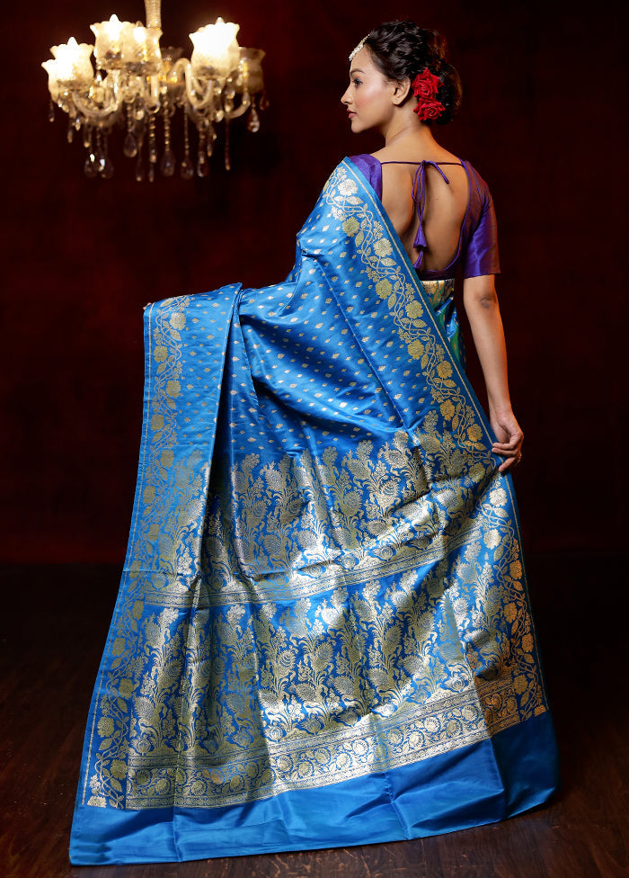 Blue Handloom Banarasi Pure Silk Saree With Blouse Piece