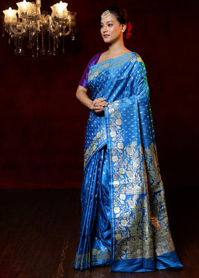 Blue Handloom Banarasi Pure Silk Saree With Blouse Piece