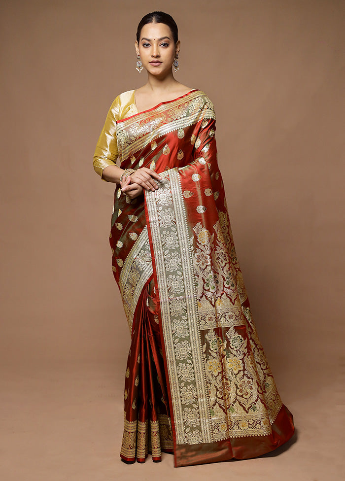 Maroon Handloom Banarasi Pure Silk Saree With Blouse Piece