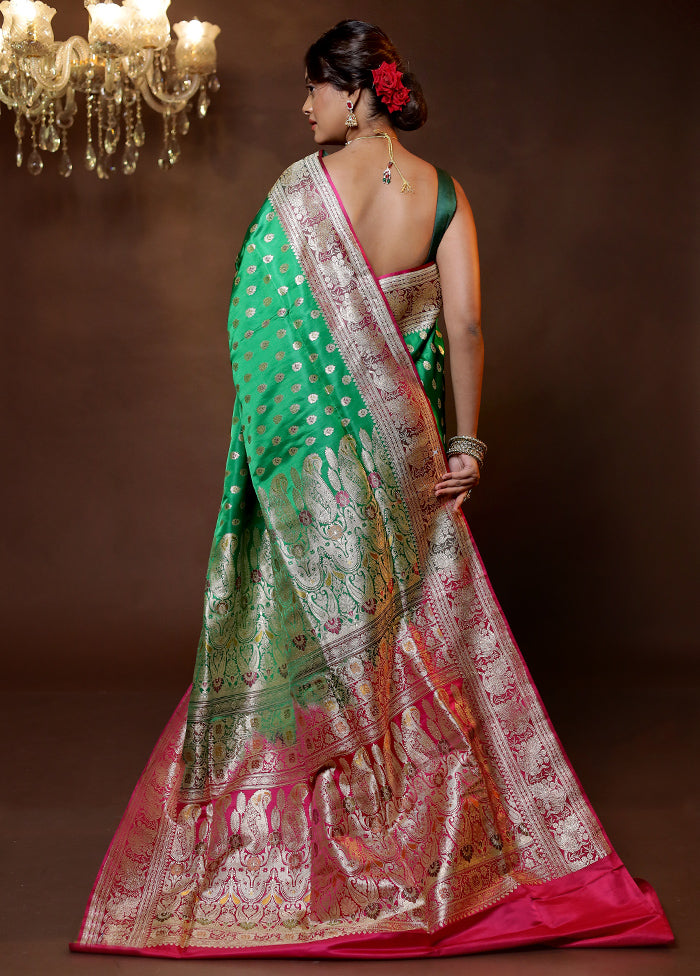 Green Handloom Banarasi Pure Silk Saree With Blouse Piece