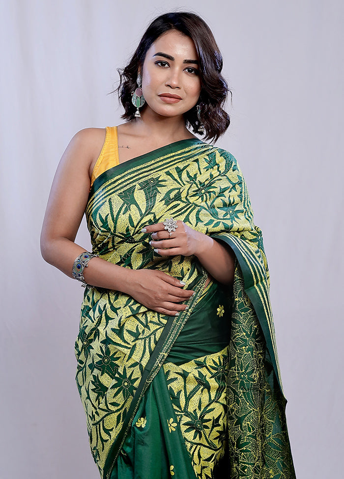 Green Kantha Stitch Pure Silk Saree With Blouse Piece - Indian Silk House Agencies