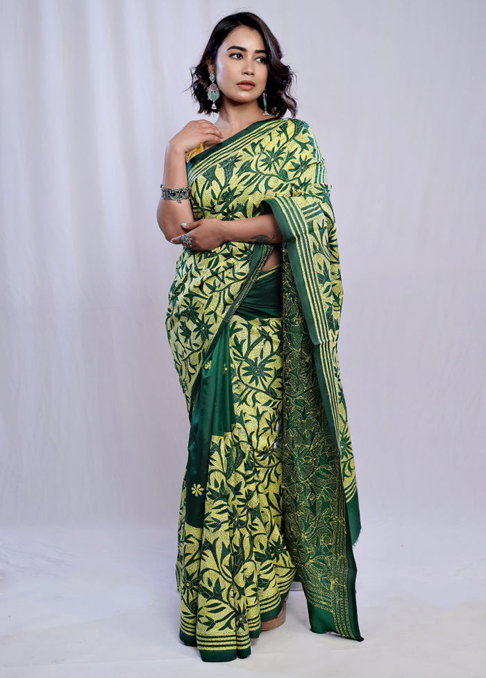 Green Kantha Stitch Pure Silk Saree With Blouse Piece - Indian Silk House Agencies