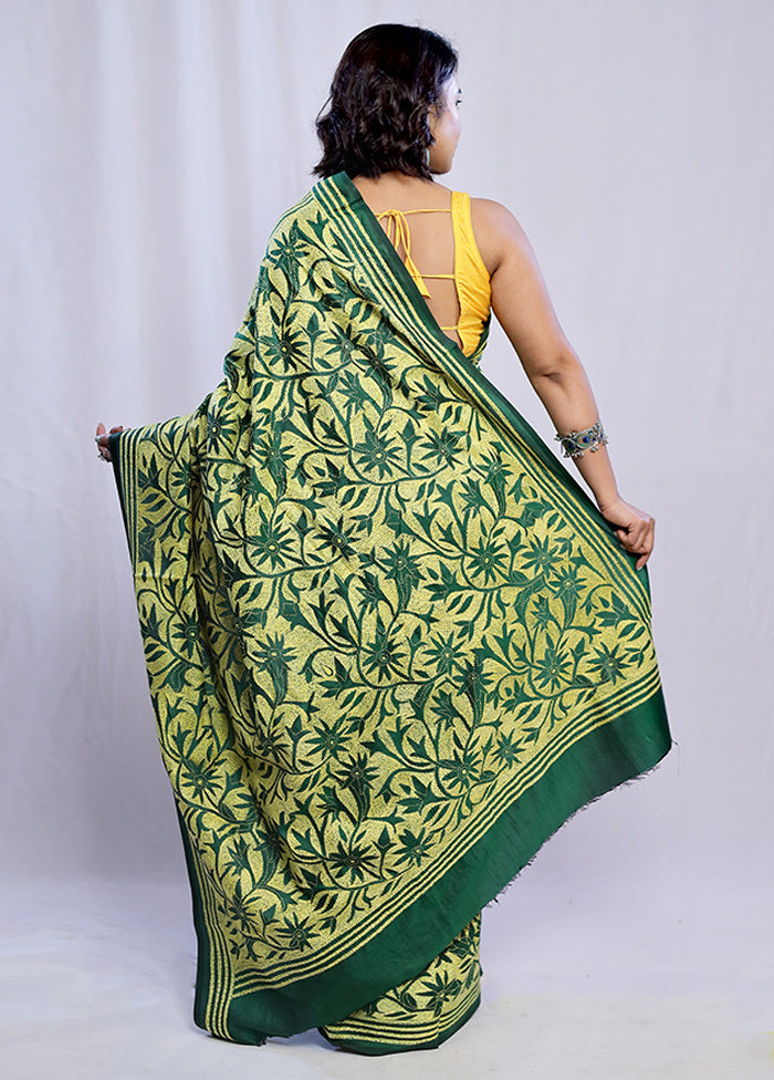 Green Kantha Stitch Pure Silk Saree With Blouse Piece - Indian Silk House Agencies