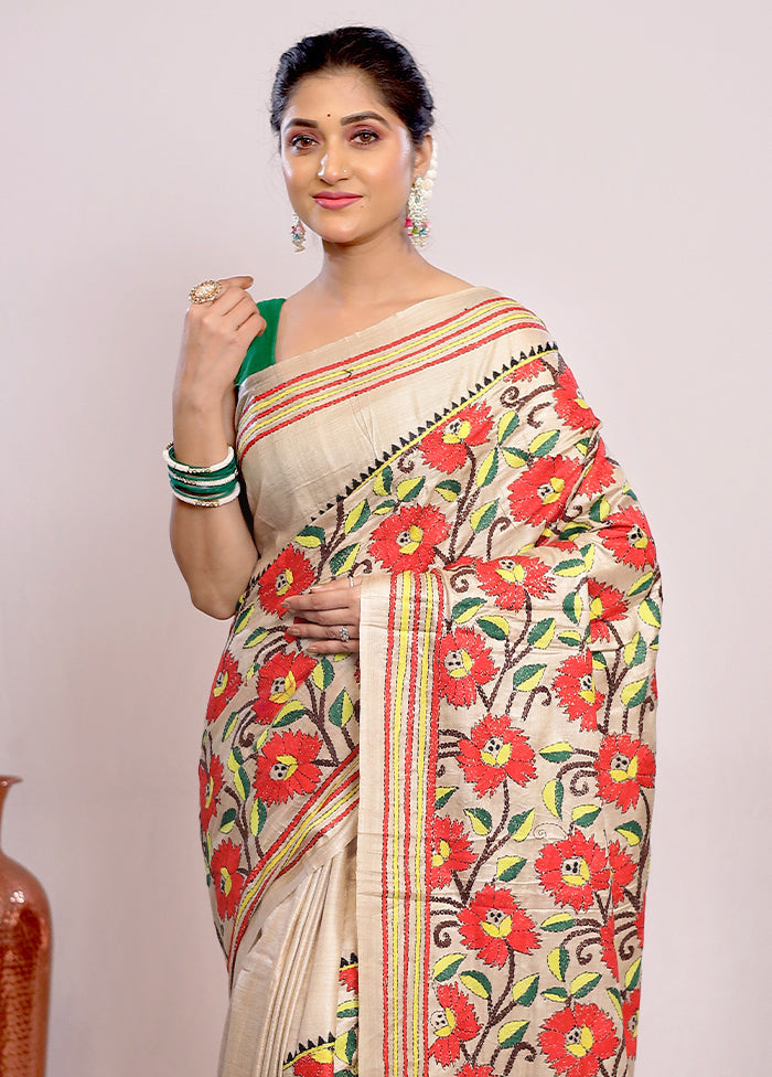 Cream Kantha Stitch Pure Silk Saree With Blouse Piece - Indian Silk House Agencies