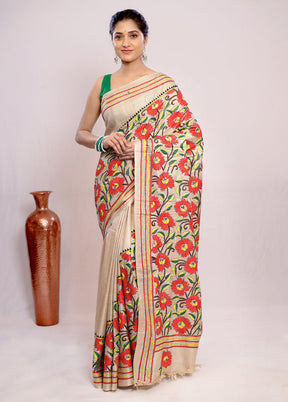 Cream Kantha Stitch Pure Silk Saree With Blouse Piece - Indian Silk House Agencies