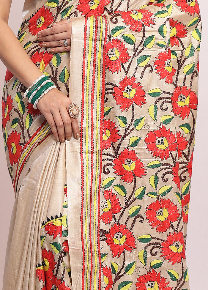 Cream Kantha Stitch Pure Silk Saree With Blouse Piece - Indian Silk House Agencies