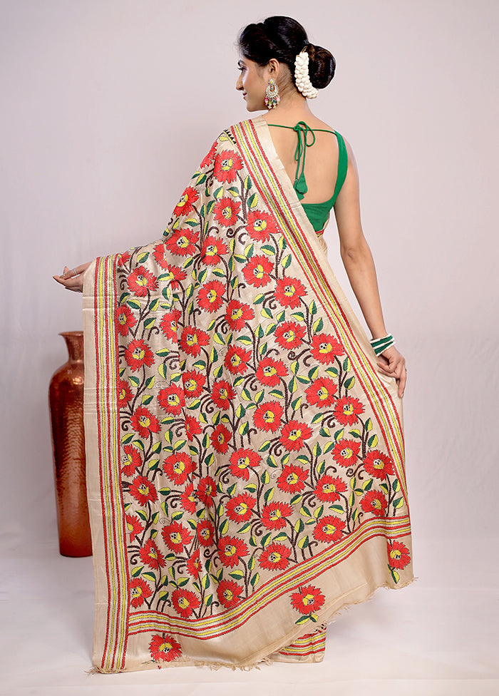 Cream Kantha Stitch Pure Silk Saree With Blouse Piece - Indian Silk House Agencies