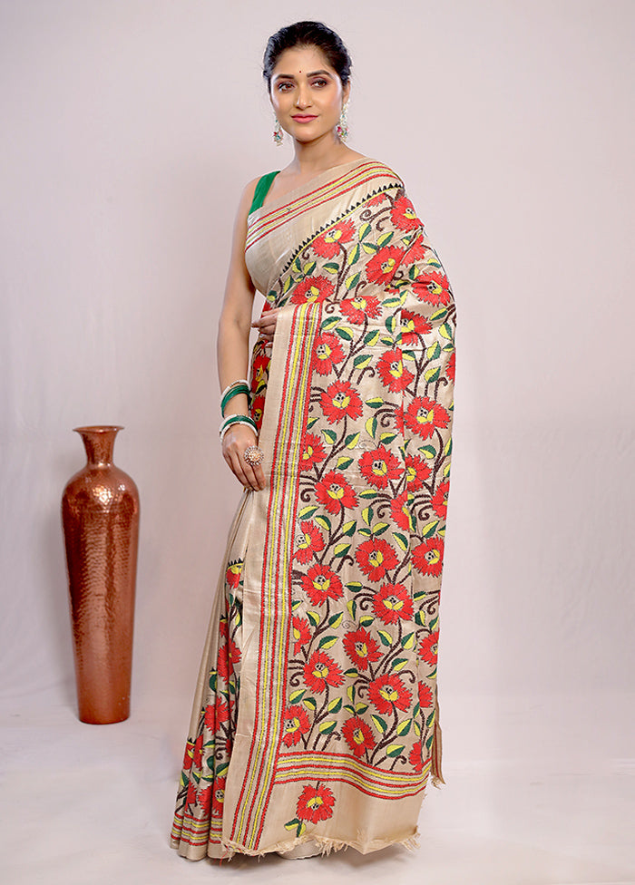 Cream Kantha Stitch Pure Silk Saree With Blouse Piece - Indian Silk House Agencies