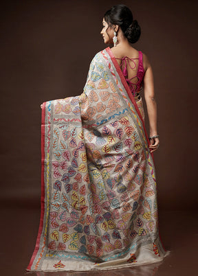 Cream Kantha Stitch Pure Silk Saree With Blouse Piece - Indian Silk House Agencies