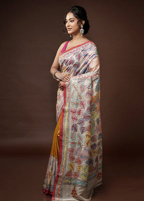 Cream Kantha Stitch Pure Silk Saree With Blouse Piece - Indian Silk House Agencies