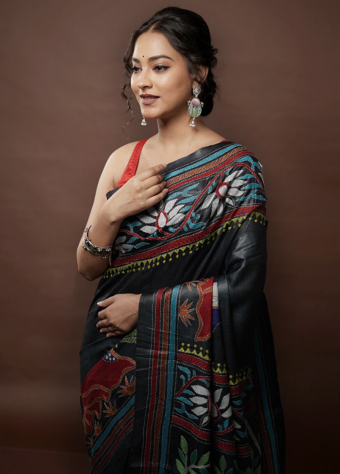 Black Kantha Stitch Pure Silk Saree With Blouse Piece - Indian Silk House Agencies