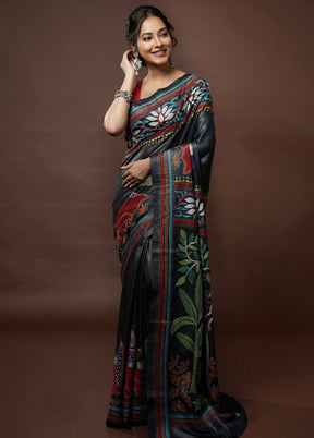 Black Kantha Stitch Pure Silk Saree With Blouse Piece - Indian Silk House Agencies