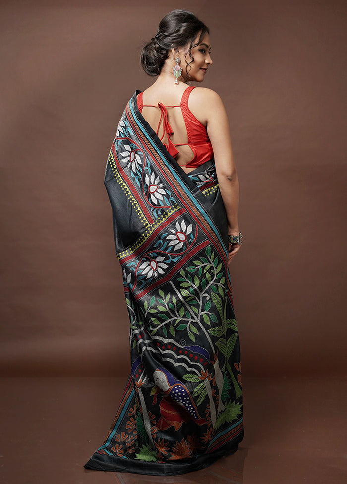 Black Kantha Stitch Pure Silk Saree With Blouse Piece - Indian Silk House Agencies