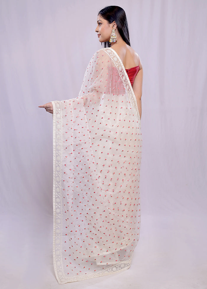 White Organza Saree With Blouse Piece - Indian Silk House Agencies