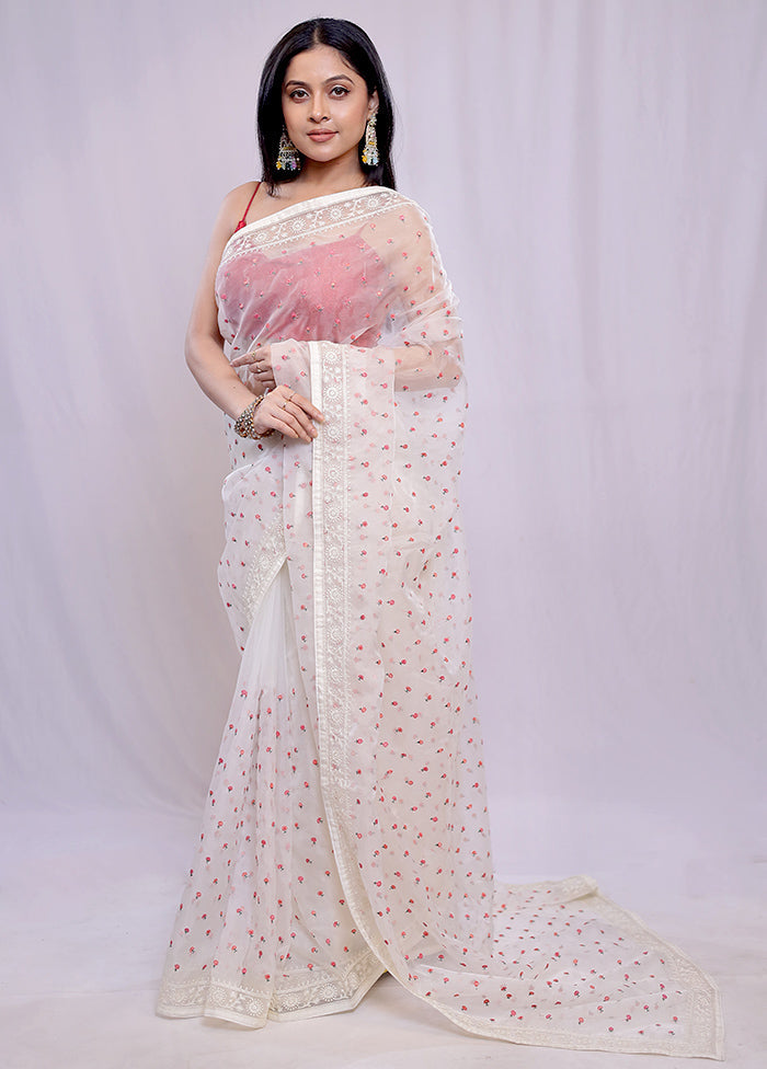 White Organza Saree With Blouse Piece - Indian Silk House Agencies