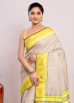 Cream Pochampally Pure Silk Saree With Blouse Piece - Indian Silk House Agencies