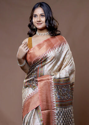 Cream Tussar Silk Saree With Blouse Piece - Indian Silk House Agencies