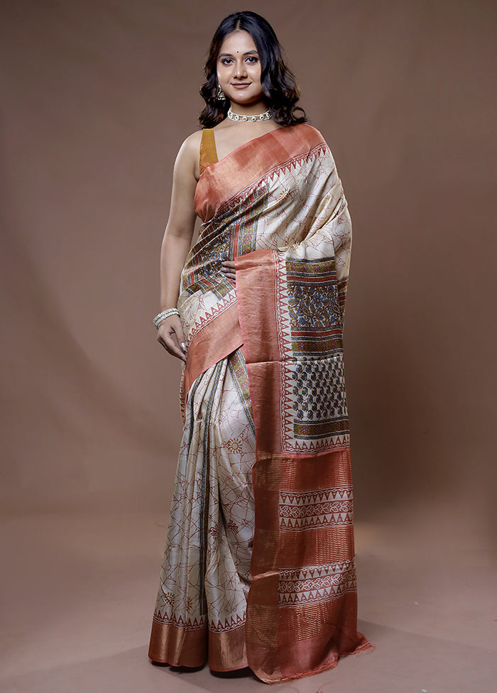 Cream Tussar Silk Saree With Blouse Piece - Indian Silk House Agencies