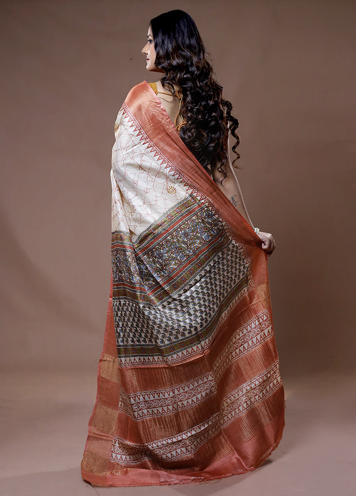 Cream Tussar Silk Saree With Blouse Piece - Indian Silk House Agencies