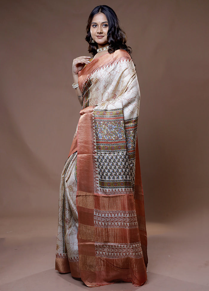 Cream Tussar Silk Saree With Blouse Piece - Indian Silk House Agencies