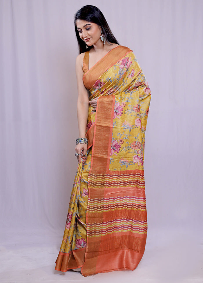 Yellow Tussar Silk Saree With Blouse Piece - Indian Silk House Agencies