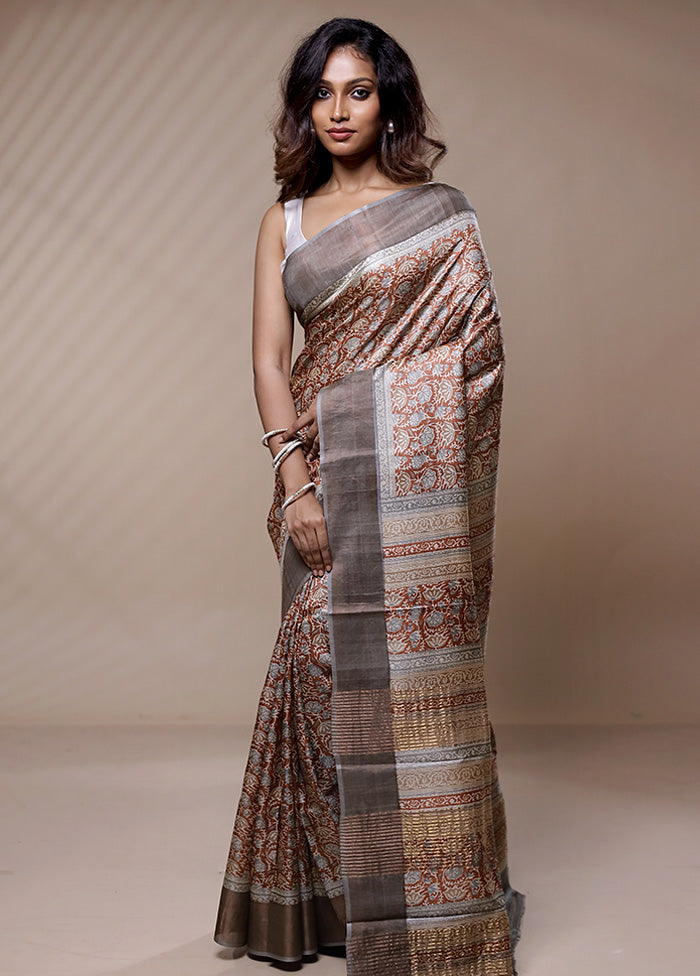 Brown Tussar Silk Saree Without Blouse Piece - Indian Silk House Agencies