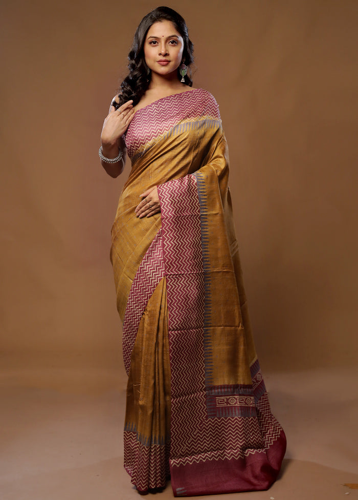 Brown Tussar Silk Saree With Blouse Piece - Indian Silk House Agencies