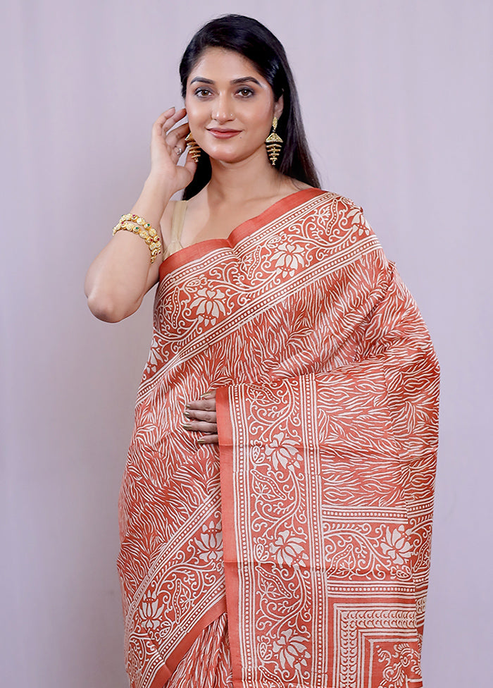 Orange Tussar Silk Saree With Blouse Piece - Indian Silk House Agencies