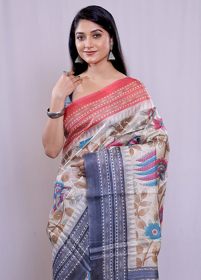 Cream Tussar Silk Saree With Blouse Piece - Indian Silk House Agencies