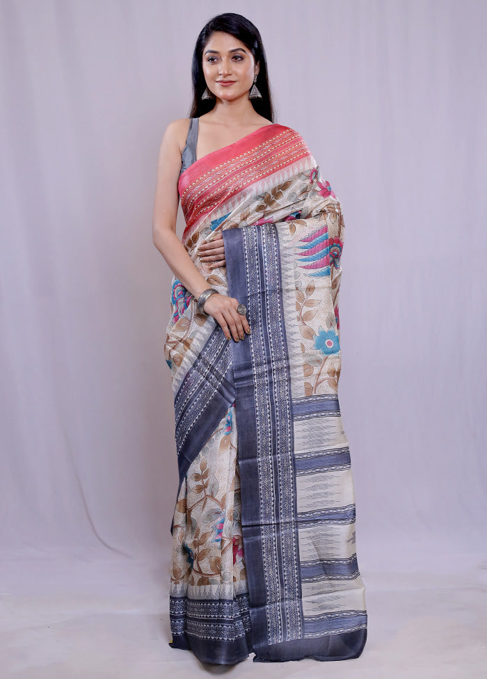 Cream Tussar Silk Saree With Blouse Piece - Indian Silk House Agencies