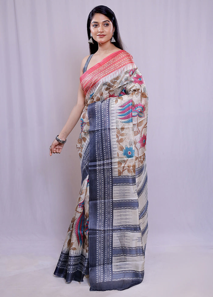 Cream Tussar Silk Saree With Blouse Piece - Indian Silk House Agencies