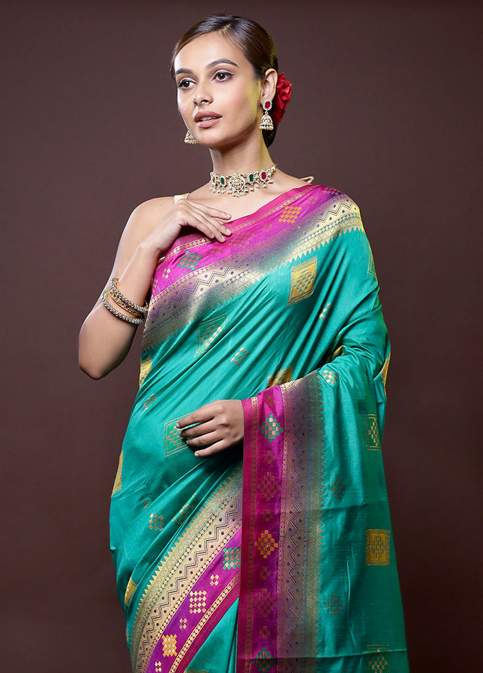 Blue Dupion Silk Saree With Blouse Piece