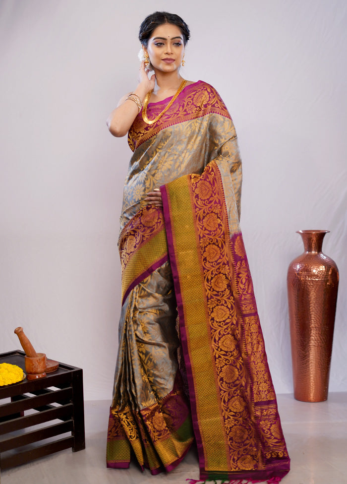 Grey Gadwal Pure Silk Saree Without Blouse Piece - Indian Silk House Agencies