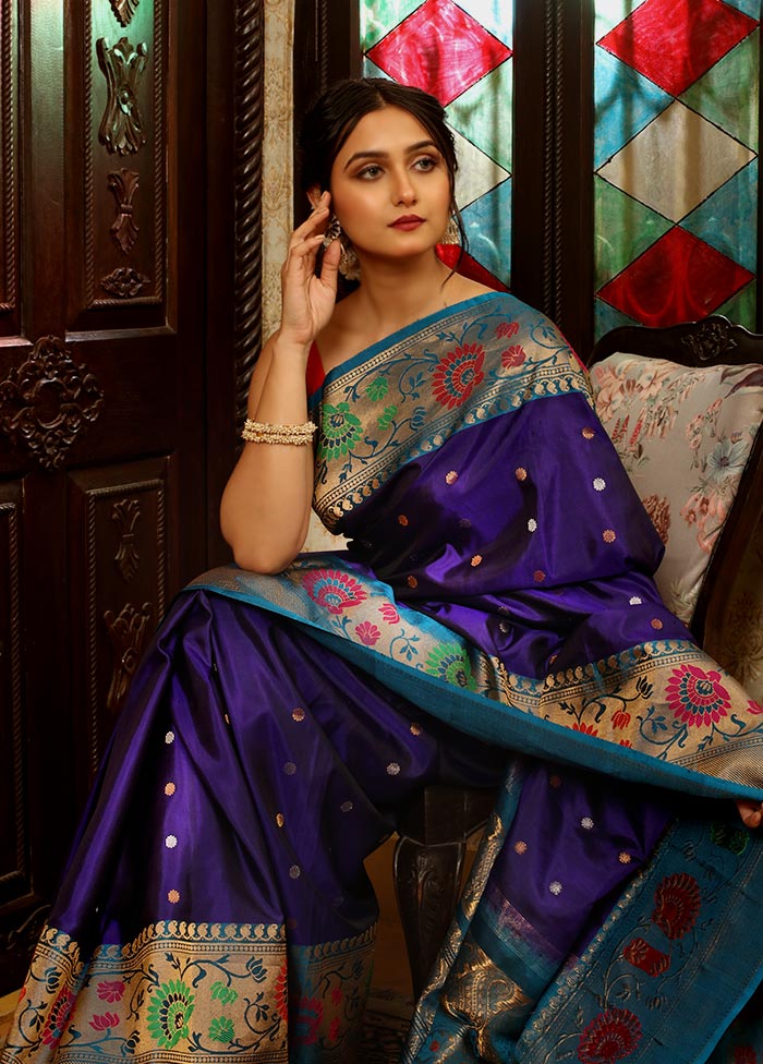 Blue Gadwal Pure Silk Saree Without Blouse Piece - Indian Silk House Agencies