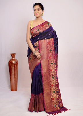 Blue Gadwal Pure Silk Saree Without Blouse Piece - Indian Silk House Agencies