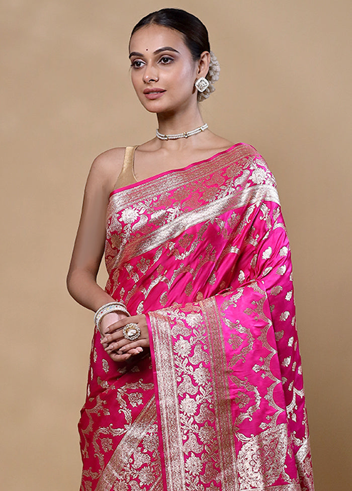 Pink Banarasi Silk Saree With Blouse Piece