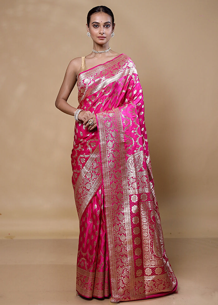 Pink Banarasi Silk Saree With Blouse Piece