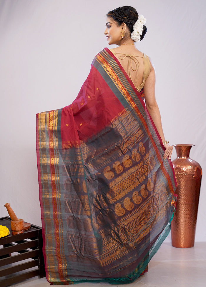 Maroon Silk Cotton Gadwal Saree Without Blouse Piece - Indian Silk House Agencies