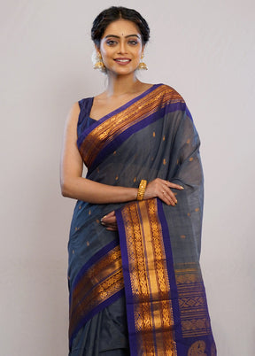 Grey Silk Cotton Gadwal Saree Without Blouse Piece - Indian Silk House Agencies