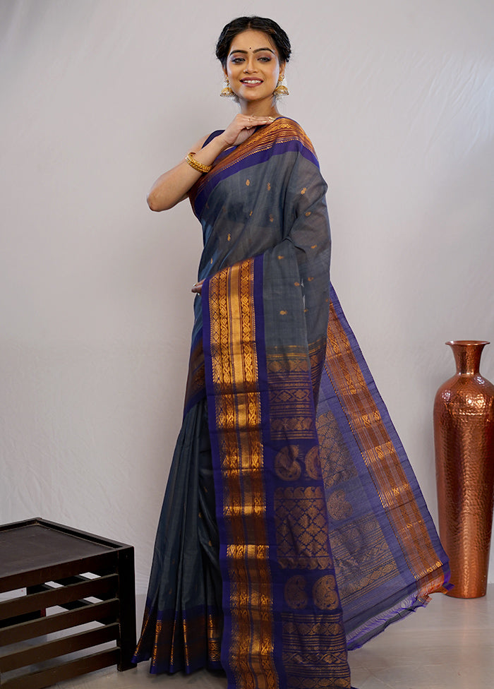 Grey Silk Cotton Gadwal Saree Without Blouse Piece - Indian Silk House Agencies