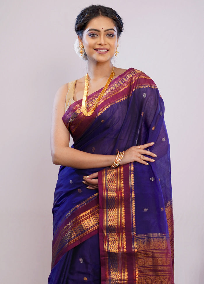 Blue Gadwal Pure Silk Saree Without Blouse Piece - Indian Silk House Agencies