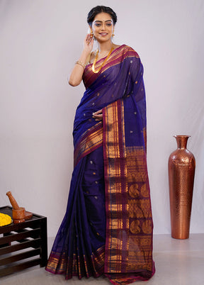 Blue Gadwal Pure Silk Saree Without Blouse Piece - Indian Silk House Agencies