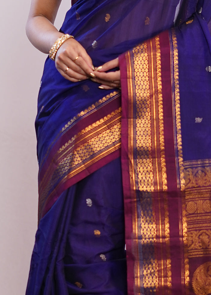 Blue Gadwal Pure Silk Saree Without Blouse Piece - Indian Silk House Agencies