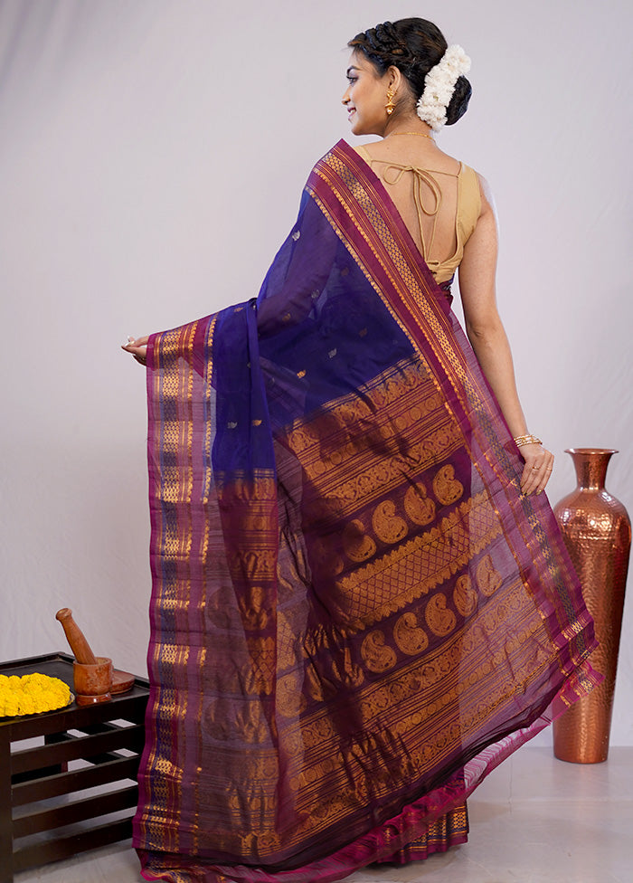 Blue Gadwal Pure Silk Saree Without Blouse Piece - Indian Silk House Agencies