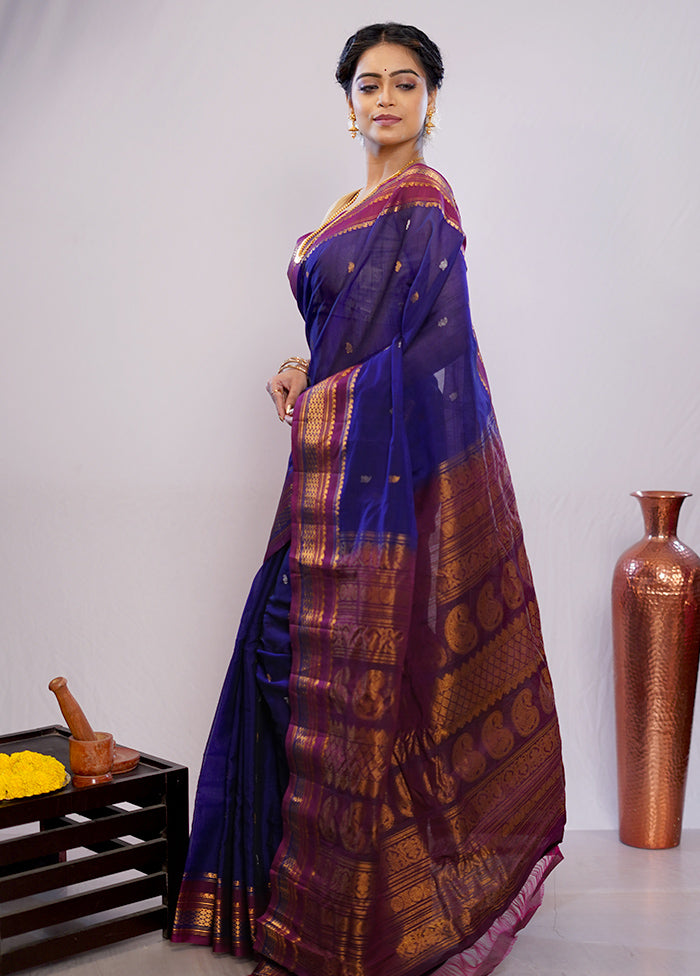 Blue Gadwal Pure Silk Saree Without Blouse Piece - Indian Silk House Agencies