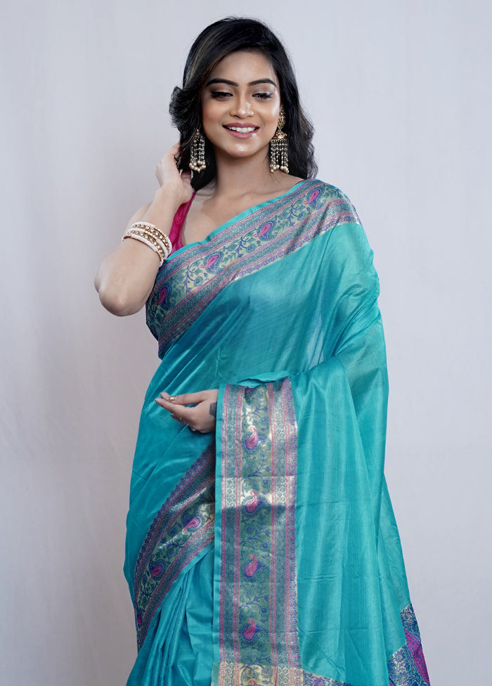 Blue Tussar Silk Saree With Blouse Piece - Indian Silk House Agencies